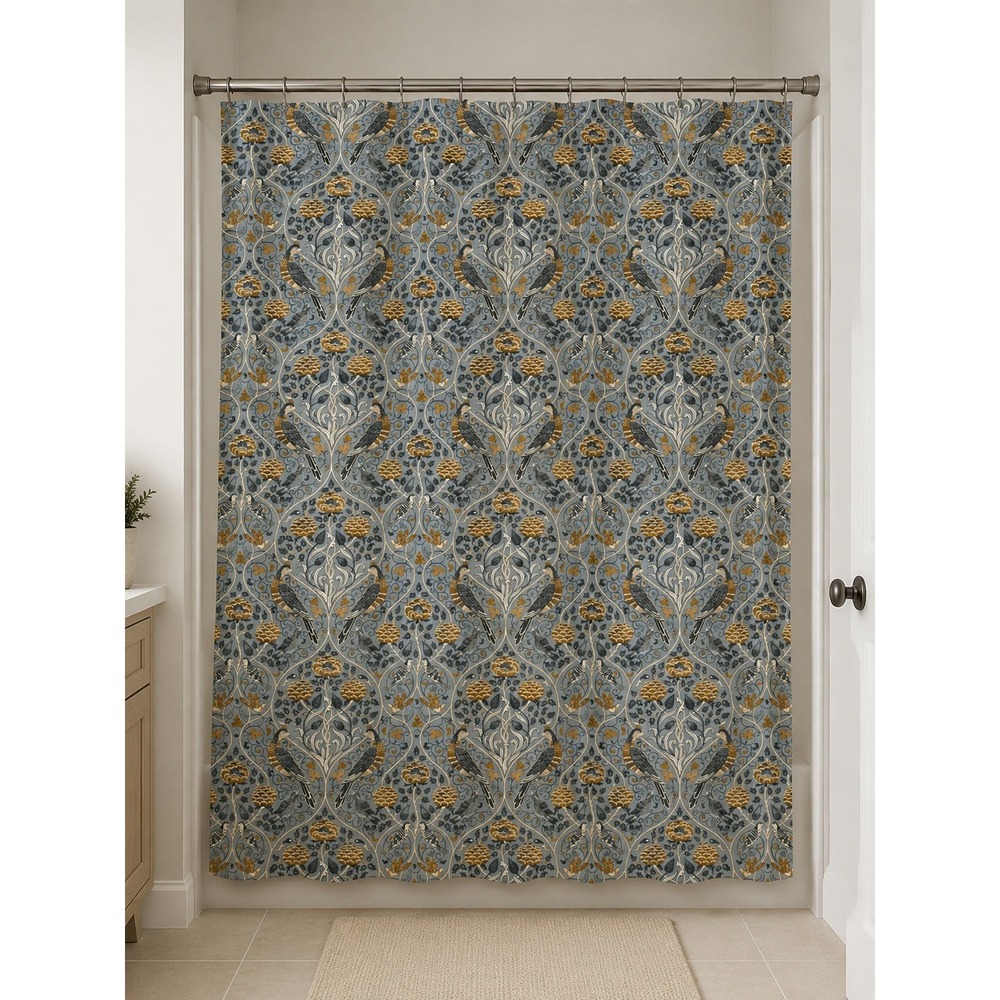 William Morris Style Birds Floral Shower Curtain Blue Gray Cottagecore 71x72